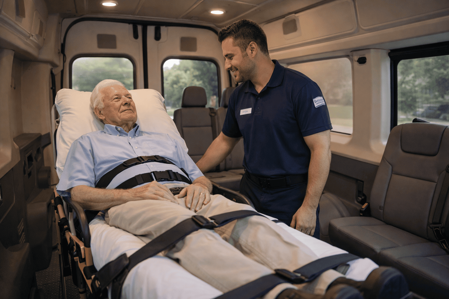 Stretcher transport vehicle interior showing comfortable patient transport setup