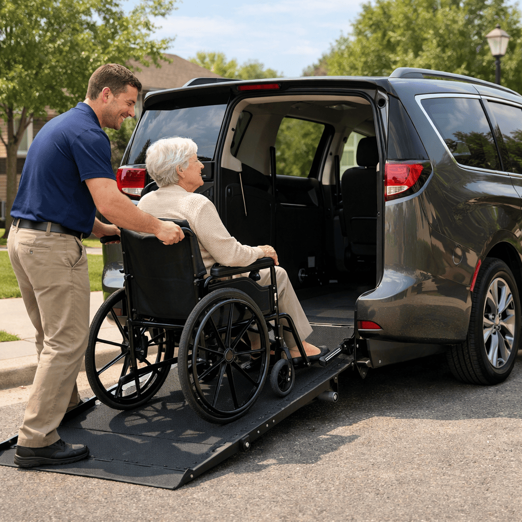 Wheelchair-accessible vehicle with ramp extended, ready for patient boarding